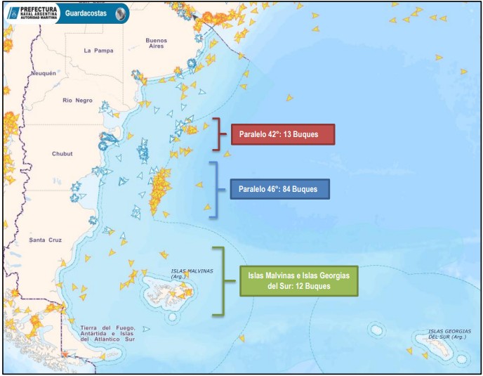 Posicionamiento de la flota pesquera extranjera en el Área Adyacente a la ZEEA, Islas Malvinas e Islas Georgias del Sur correspondiente al día 06 de julio de 2026. imagen1
