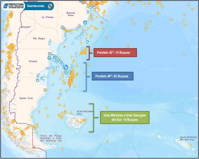 Posicionamiento de la flota pesquera extranjera en el Área Adyacente a la ZEEA, Islas Malvinas e Islas Georgias del Sur correspondiente al día 08 de julio de 2026. imagen1