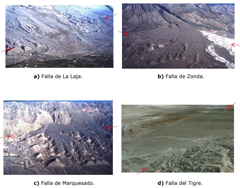 Figura 10: Imágenes aéreas de las fallas de La Laja, Zonda, Marquesado y del Tigre, en la provincia de San Juan