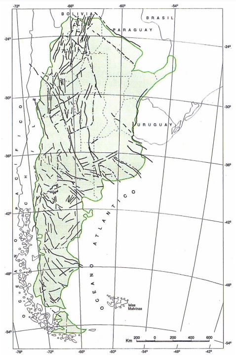 Figura 11: Principales fracturas y lineamientos estructurales en Argentina (INPRES- 1994). Las líneas continuas indican la traza de la falla con evidencias en superficie, mientras que las líneas a rayas destacan la traza inferida de la falla, debido a la ausencia de evidencias superficiales