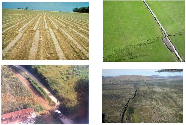 Figura 6: Diferentes fallas de desplazamiento. Fotos superiores: Trazas de fallas en campos sembrados: Fotos inferiores, izquierda: Rotura debida al terremoto de Izmit, Turquía (1999). Derecha: Falla Altyn Tagh (China)