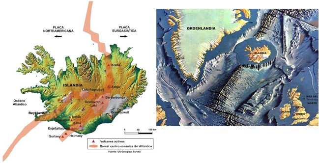 Figura 5: a) Volcanes activos y traza de la Dorsal del Atlántico que atraviesa Islandia. b) Islandia y la topografía submarina de la Dorsal centro-oceánica del Atlántico