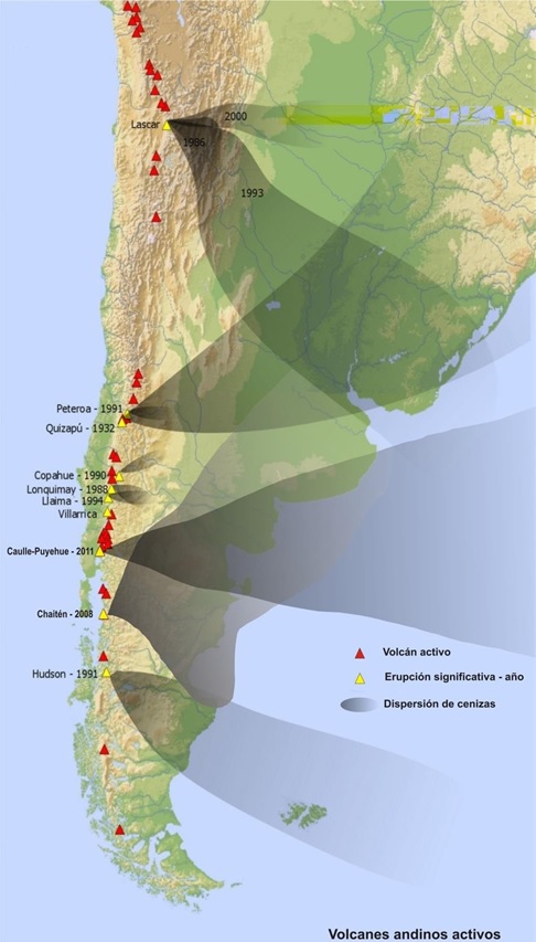 Figura 1: Mapa con la dispersión de cenizas de las erupciones más significativas de los últimos 80 años. Fuente (1), (2), (3), (4)