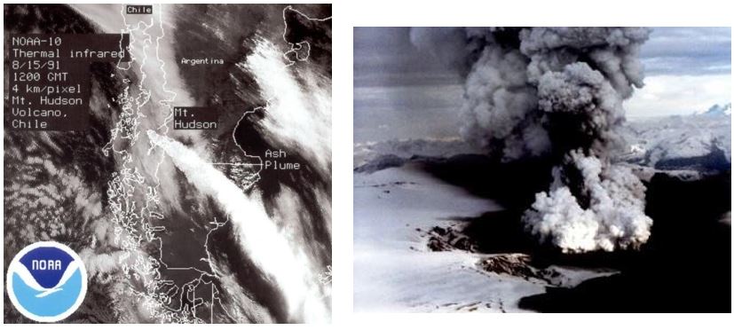 Figura 5: izquierda) Erupción del Hudson, desplazamiento de la pluma de cenizas volcánicas, 15-08-1991. Fuente: NOAA (National Oceanic and Atmospheric Administration) de EEUU, derecha) Penacho de la erupción del Hudson en 1991 (Foto Henrique Villalobos)