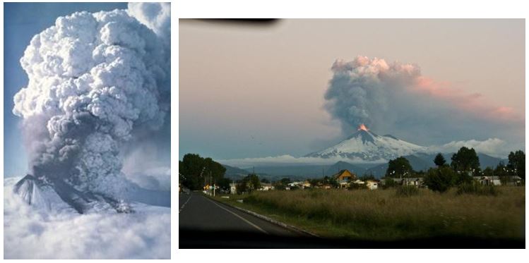 Figura 7: izquierda) Penacho de gas y cenizas del Volcán Llaima, erupción del 17-05- 1994 (Foto Hugo Moreno-1994), derecha) Foto panorámica de la erupción del LLaima. Enero de 2008