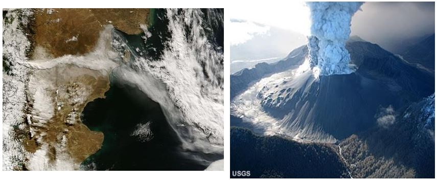 Figura 8: izquierda) Erupción del Chaitén. Desplazamiento de la pluma de cenizas volcánicas, 05-05-2008 (Foto NASA), derecha) Penacho de la erupción del Chaitén en 2008 (Foto USGS) 
