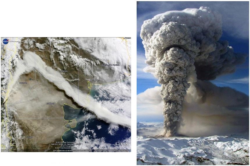 Figura 9: izquierda) Erupción del Puyehue. Desplazamiento de la pluma de cenizas volcánicas, 06-06-2011 (Foto NASA), derecha) Vista aérea desde el Oeste de la erupción del complejo volcánico Puyehue Cordón Caulle, del 13 de junio de 2011 (Fotografía Fuerza Aérea de Chile) 