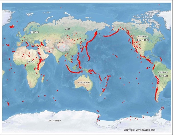Figura 1: Actividad volcánica en el mundo (triángulos rojos)