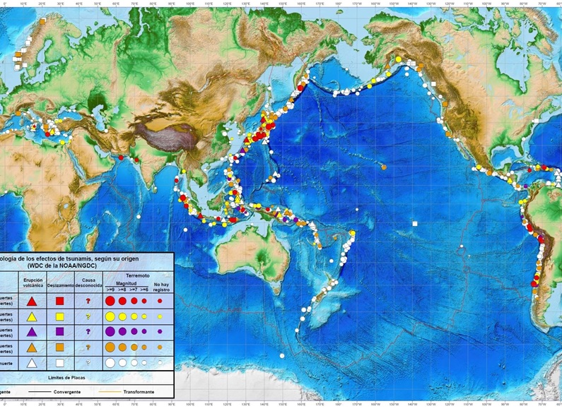 Figura 10: Tsunamis generados por terremotos, erupciones volcánicas, deslizamientos y otras causas en el mundo, desde 1610 a.C. hasta el año 2014 (Fuente NOAA)