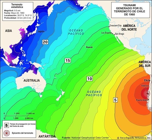 Figura 3: Imagen que ilustra las líneas de igual tiempo de propagación del tsunami generado por el terremoto de Chile del 22 de mayo de 1960, desde el epicentro hacia los puntos de arribo en litorales distantes