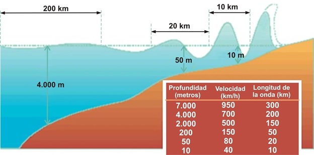 Figura 6: Velocidad y longitud de la ola en función de la profundidad del mar