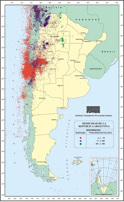 Figura 1: Sismicidad de la República Argentina (1980-2011). El mapa muestra 40.000 eventos con magnitudes MC o ML >= 3 (catálogo de INPRES)