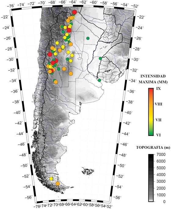 Figura 6: Epicentros de 79 terremotos históricos (1692-2015), con intensidades MM entre VI y IX (catálogo de INPRES)