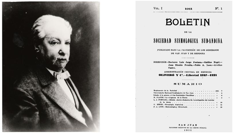 Figura 2: derecha) Cnel. Luis Jorge Fontana Burgeois, izquierda) Boletín Nº 1, Vol. I, de la “Sociedad Sismológica Sud-Andina" (1911)