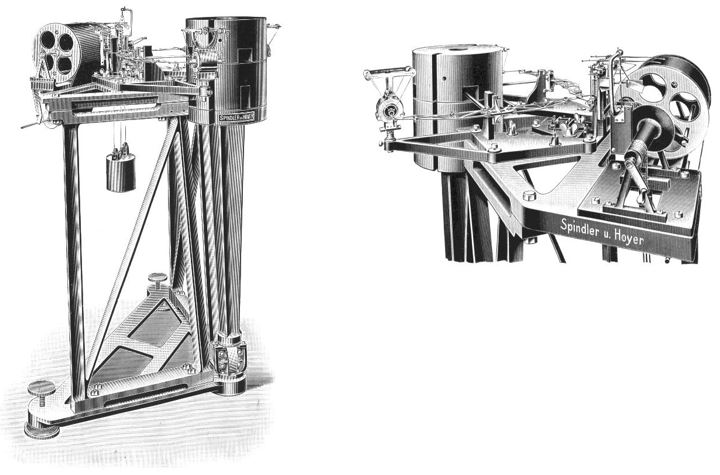 Figura 7: Sismógrafo Wiechert con registro de las dos componentes horizontales. Ilustraciones publicadas en 1910 en el Catálogo “SEISMOGRAPHEN” de la empresa "Spindler & Hoyer” (Göttingen - Alemania)