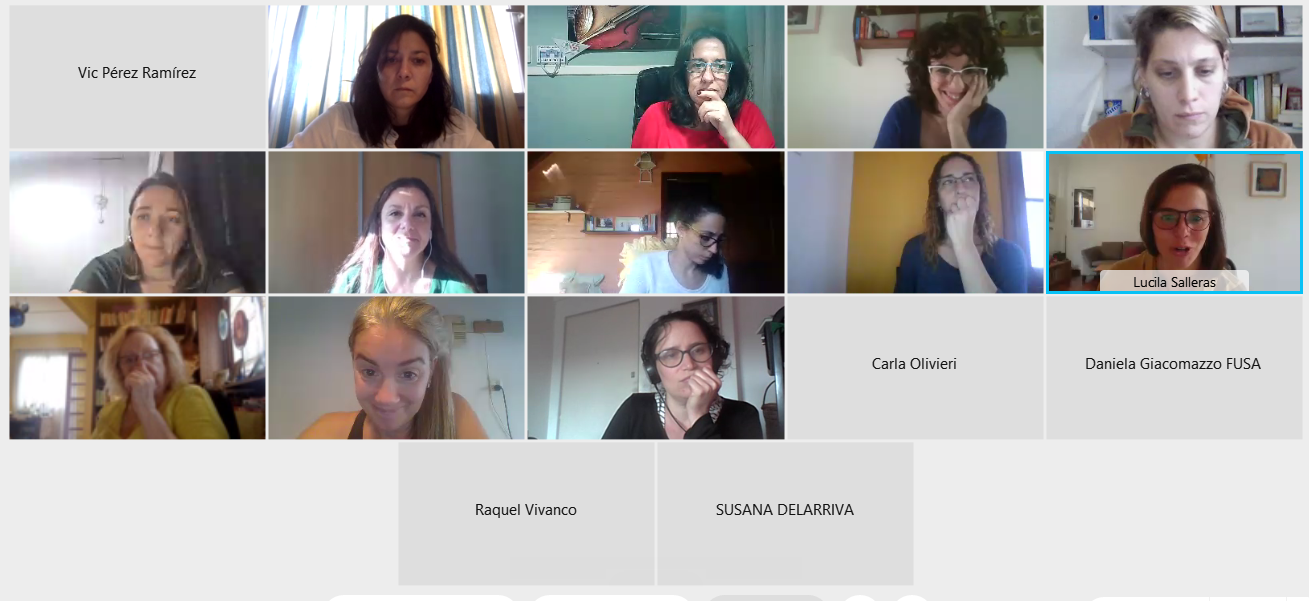 Captura de pantalla de la videollamada de la primera reunión de la Comisión de Monitoreo e Investigación. Hay diversos recuadros en los que se observan los rostros de cada participante, y algunos en los que solo se leen los nombres.