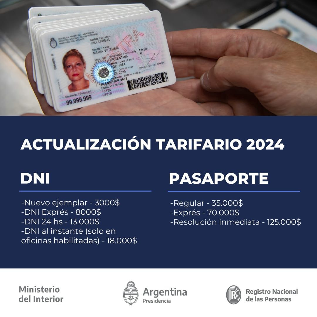 Renaper confirmó el nuevo cuadro tarifario para DNI y Pasaporte