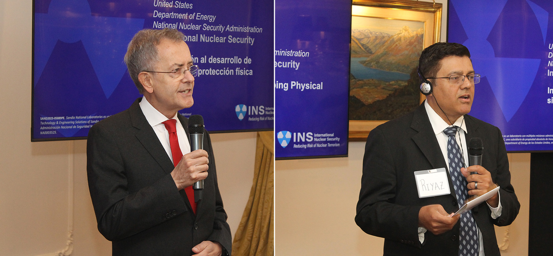 El vicepresidente 1° del Directorio de la ARN, Ing. Carlos Alberto Terrado (izq.); y el jefe de la delegación de la Administración Nacional de Seguridad Nuclear, Riyaz Natha (der.), durante la apertura del curso El vicepresidente 1° del Directorio de la ARN, Ing. Carlos Alberto Terrado (izq.); y el jefe de la delegación de la Administración Nacional de Seguridad Nuclear, Riyaz Natha (der.), durante la apertura del curso