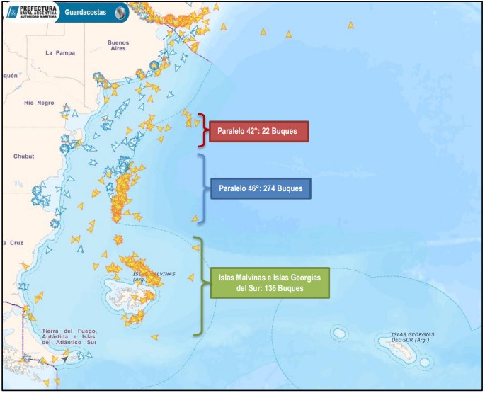 Posicionamiento de la flota pesquera extranjera en el Área Adyacente a la ZEEA, Islas Malvinas e Islas Georgias del Sur correspondiente al día 27 de marzo de 2026. Imagen1
