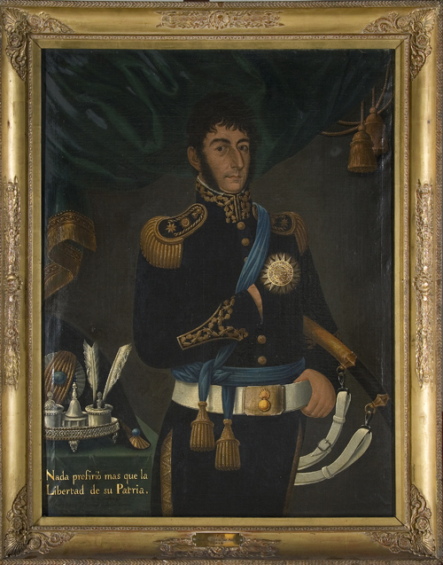 En este retrato, José de San Martín tiene 39 años, viste el uniforme de granadero con el que ejerció el mando como general en jefe del Ejército de los Andes, tiene el sable corvo debajo del brazo, la banda de general y sobre la mesa se encuentra célebre sombrero falucho.