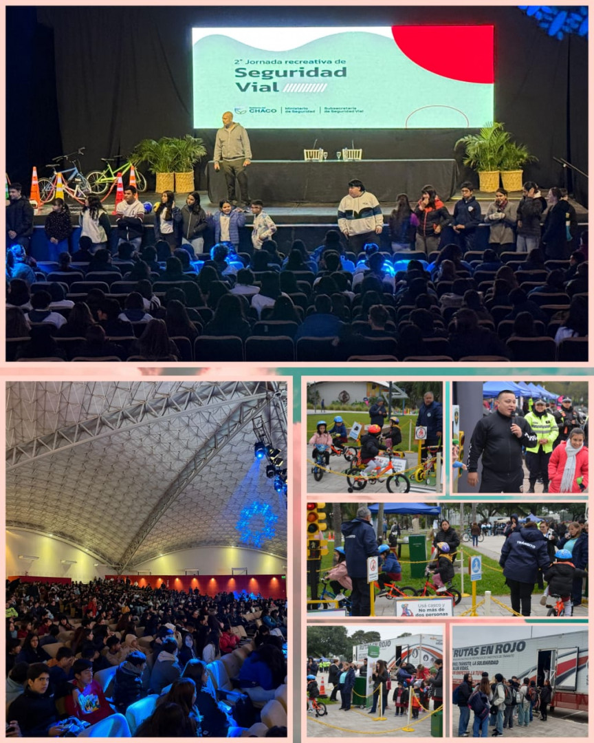 Collage que muestra las actividades realizadas en la jornada recreativa de promoción de la Seguridad Vial. 