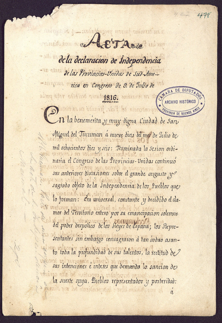 Copia del Acta de la declaración de independencia de las Provincias Unidas. 1816