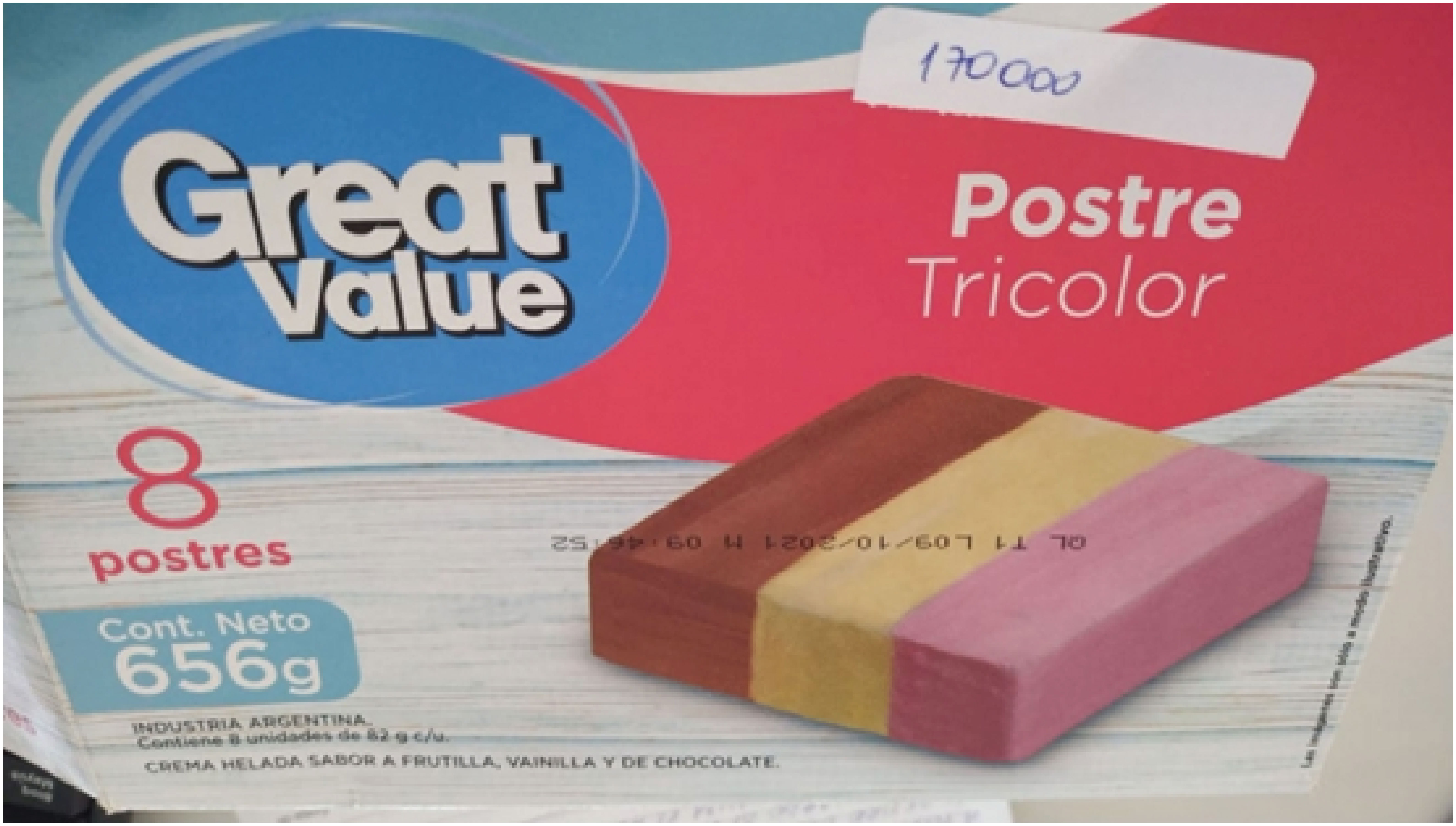 Rótulo helado tricolor marca “Great Value”