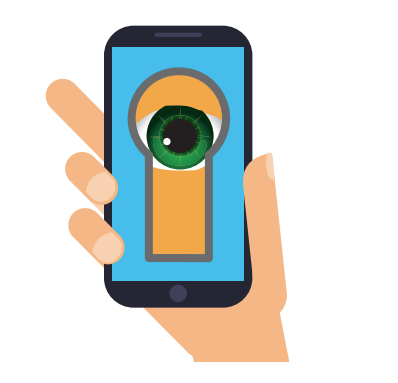 Un celular con una imagen de un ojo que espía a través de él