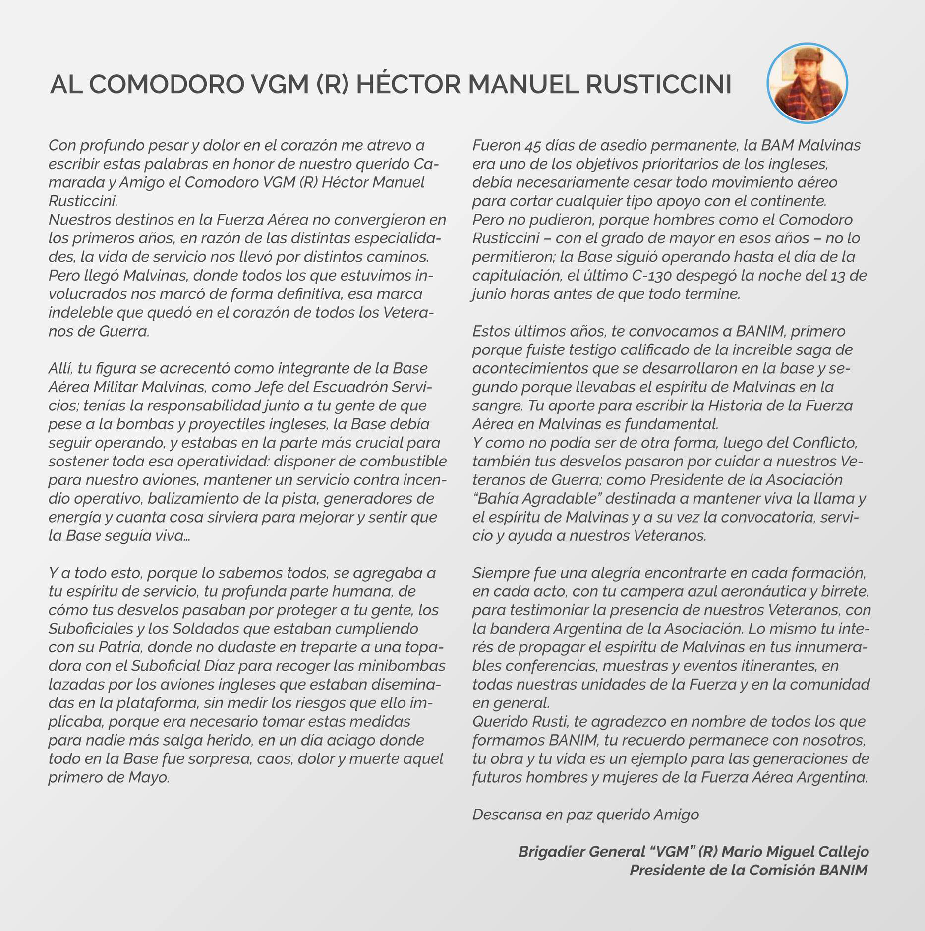 Carta del brigadier general "VGM" (R) Mario Miguel Callejo al comodoro "VGM" (R) Héctor Rusticcini