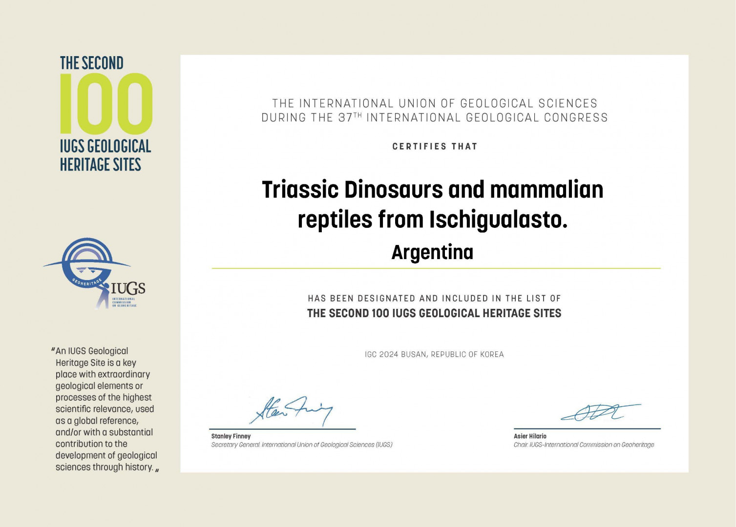 Certificado que reconoce a Ischigualasto como uno de los sitios de Patrimonio Geologico de la IUGS.