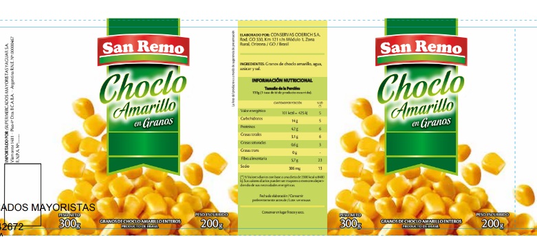 Choclo amarillo en granos, marca "San Remo"