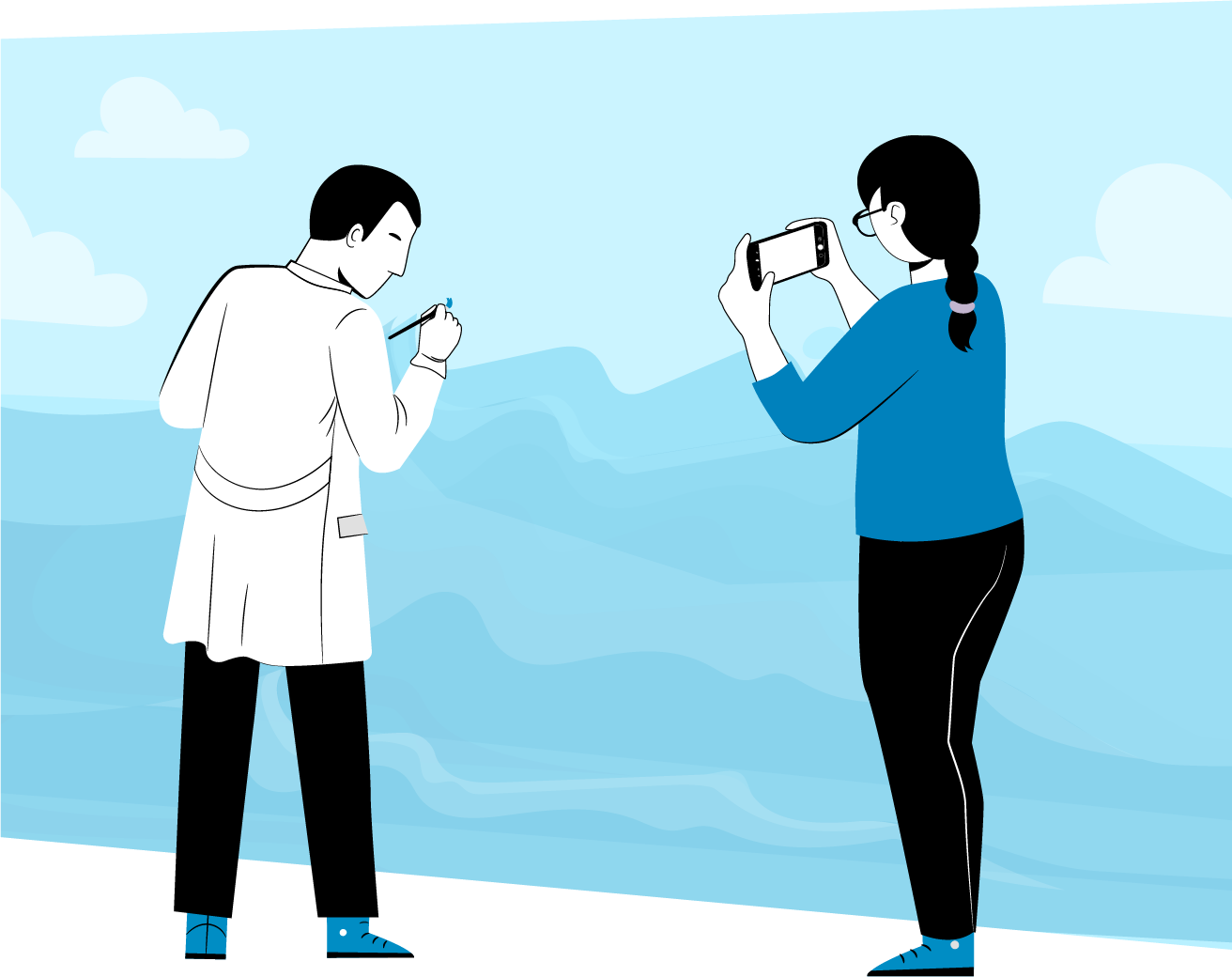 Ilustración de una persona frente a un cuadro mientras una mujer toma una foto