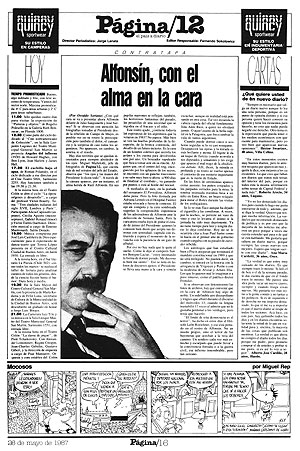 Primera contratapa escrita por Soriano y publicada en su primer número, el 26 de mayo de 1987. Escribió desde 1987 hasta su muerte en 1997. Fuente: Página/12. Primera contratapa escrita por Soriano y publicada en su primer número, el 26 de mayo de 1987. Escribió desde 1987 hasta su muerte en 1997. Fuente: Página/12.