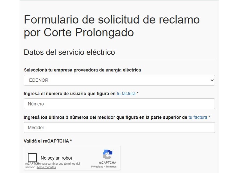Formulario para reclamar resarcimiento por corte prolongado.