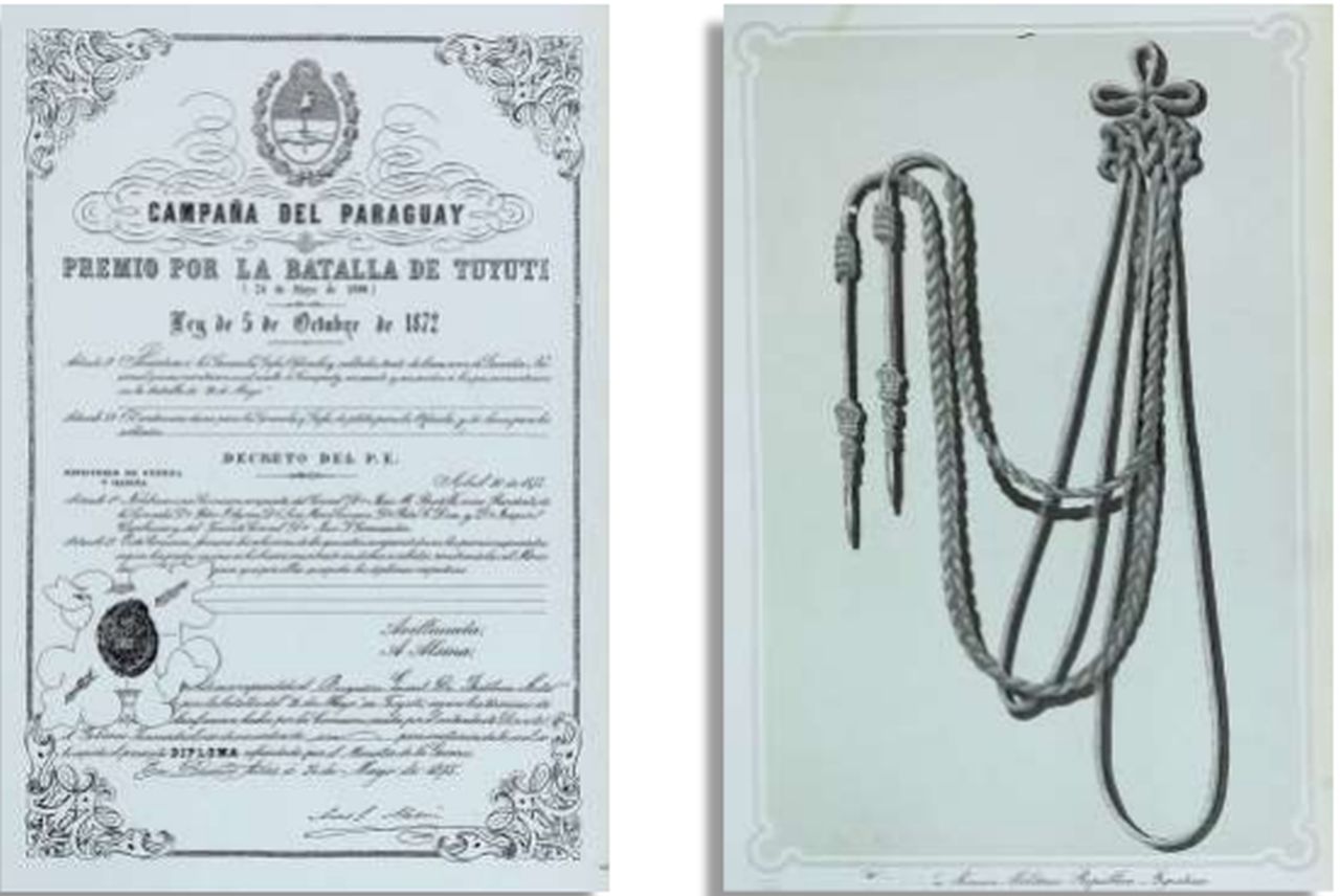 Diploma (izquierda) y Cordón de Honor (Cordón de Tuyutí, derecha).  Distinciones otorgadas por el Congreso Argentino, el 5 de octubre de 1872, como premio por la batalla de Tuyutí, librada el 24 de mayo de 1866.