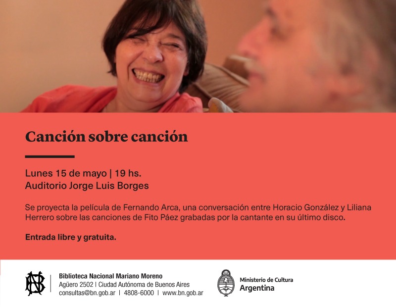 Flyer de la presentación de la película “Canción sobre canción” en la Biblioteca Nacional Mariano Moreno.