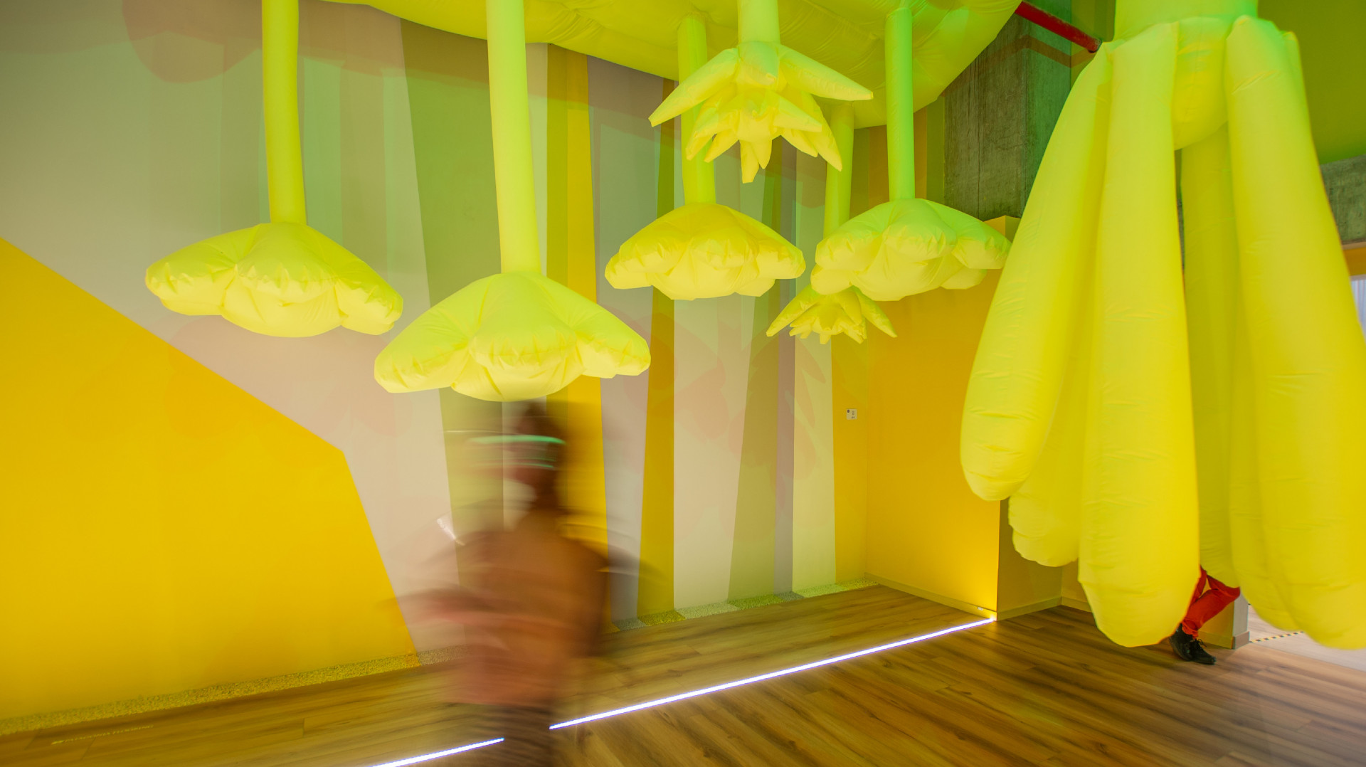 Foto: "Flores, un jardín suspendido" (2025). Escultura blanda inflable. Cuatro piezas de nylon, de 6 x 1,5m