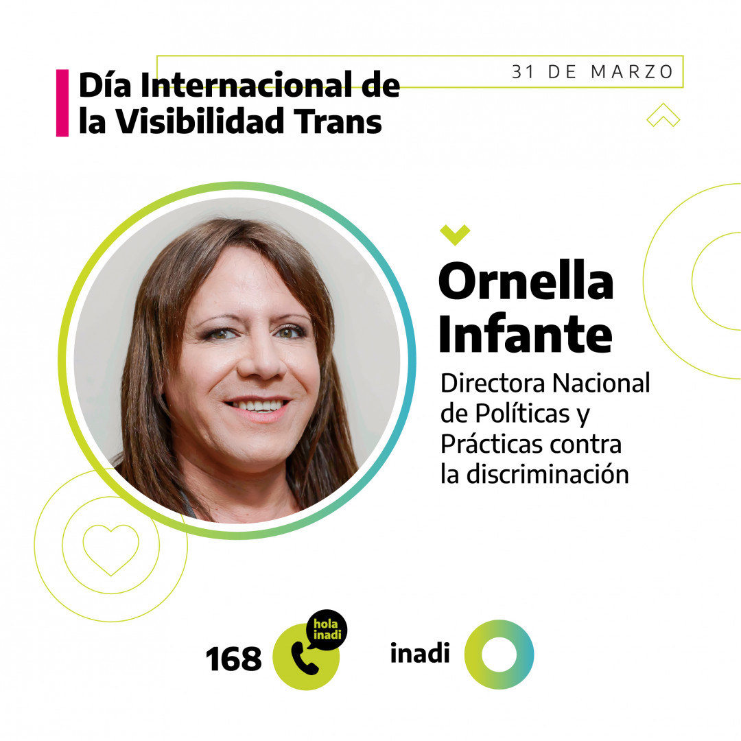 Placa con la foto de Ornella Infante, Directora Nacional de Políticas y Prácticas contra la Discriminación.