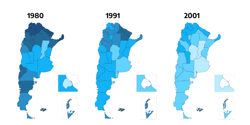 Tasa Global de Fecundidad por provincia para los años 1980, 1991, 2001