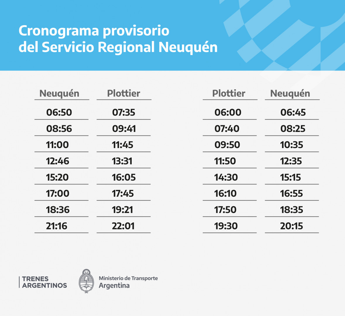  Servicio Regional Neuquén / Tren del ValleEl servicio circula con recorrido limitado entre Neuquén y Plottier, con un cronograma provisorio debido a un incidente ajeno a Trenes Argentinos.