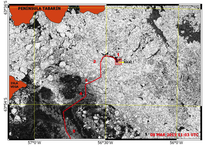 Imagen del Satélite COSMO SkyMed / SIASGE del 08 de marzo de 2019 con la ruta realizada por el Irízar.