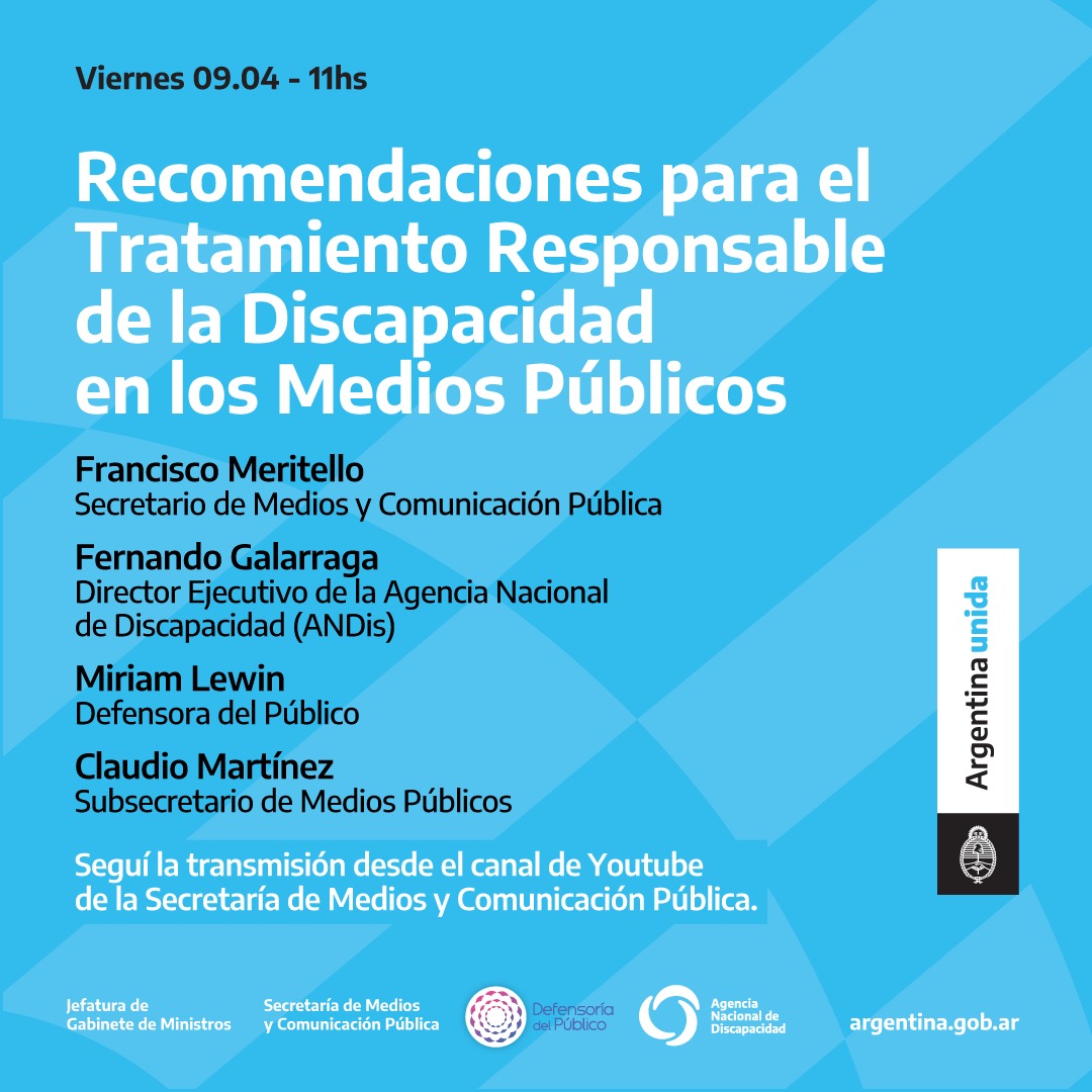 Flyer del encuentro. La información del flyer está en el cuerpo de la página transcripta. Contiene logos de Argentina Unida, ANDIS, Defensoría del Público, Jefatura de Gabinete de Ministros y Secretaría de Medios y Comunicación Pública.