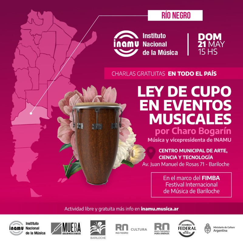 Flyer de la charla sobre la ley de cupo en eventos musicales que dará Charo Bogarín en Bariloche.