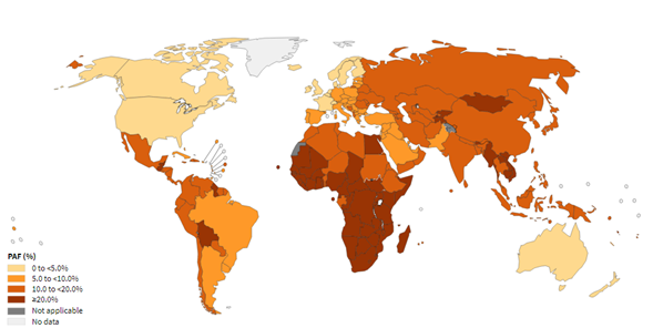 Figura 3: Proporción de casos atribuibles a infecciones por país. Todos los cánceres, 2018.
