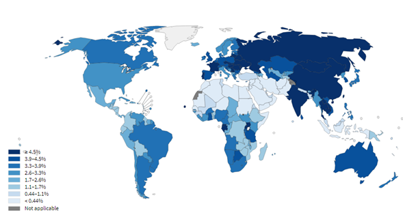 Figura 5: Proporción de casos atribuibles al consumo de alcohol por país, 2020.