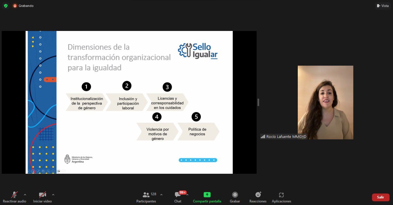 Imagen de la reunión virtual que muestra una placa con información sobre el Sello Igualar