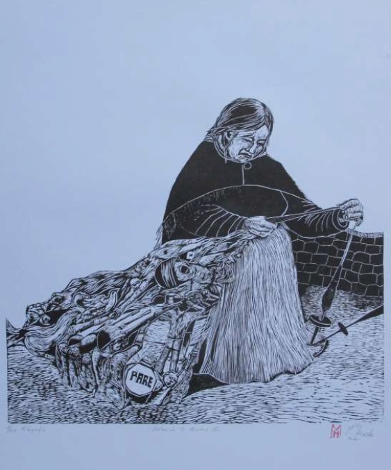 Obra “Hilando la trama I”. Xilografía de Mónica Milikowski