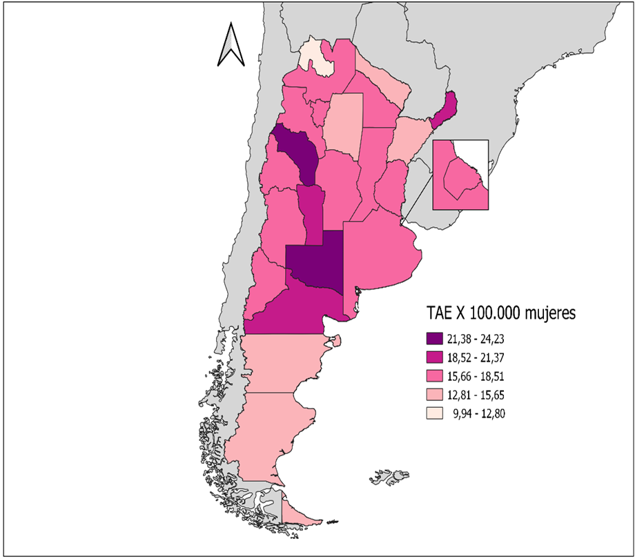 Figura 2: Mortalidad por cáncer de mama en mujeres según jurisdicciones. Tasas ajustadas por edad por 100.000 mujeres agrupadas en quintiles de mortalidad. Argentina, 2019.