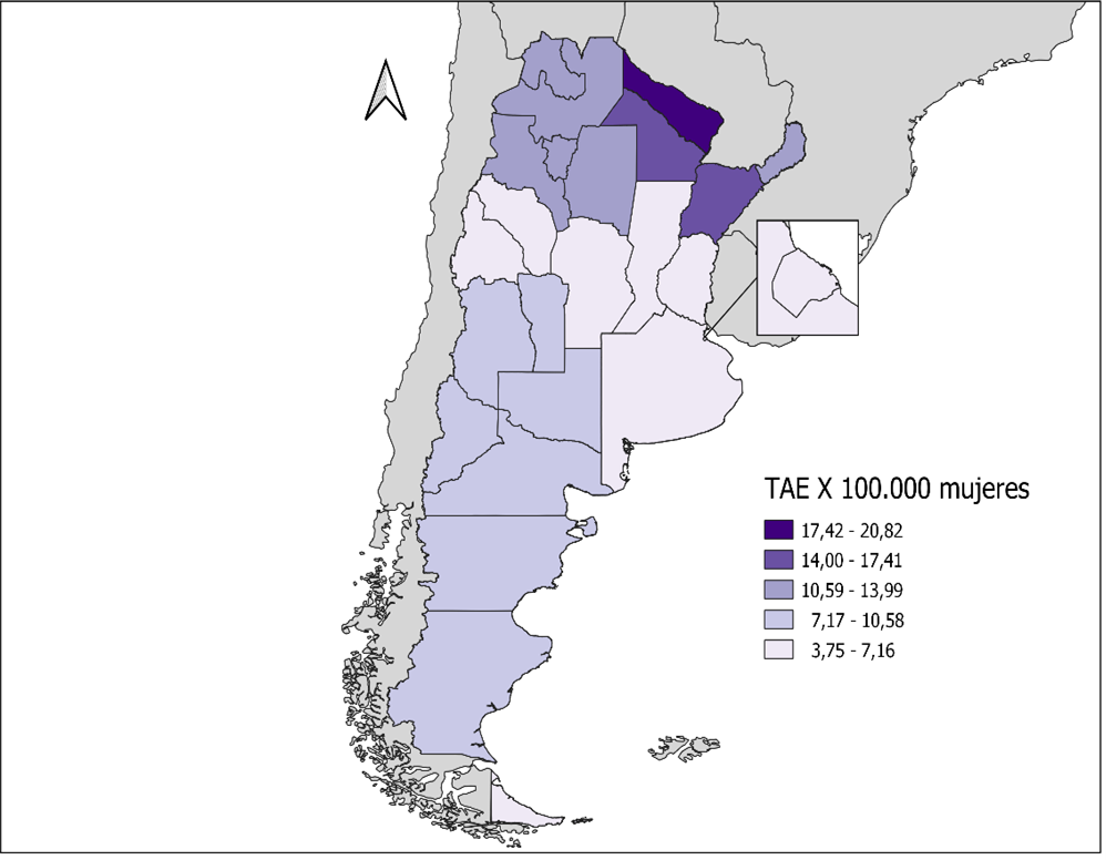 Figura 3: Mortalidad por cáncer cervicouterino en mujeres según jurisdicciones. Tasas ajustadas por edad por 100.000 mujeres agrupadas en quintiles de mortalidad. Argentina, 2019