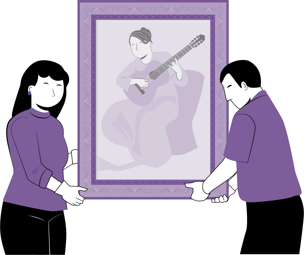 Ilustración de una mujer y un hombre levantando un cuadro